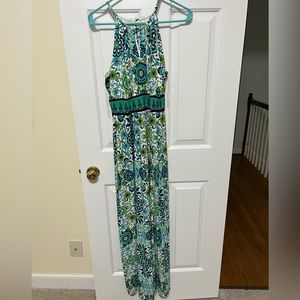 Green/blue/white patterned floor length dress with keyhole detail